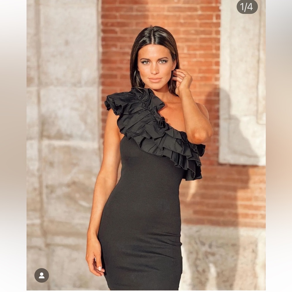 Zara Black Asymmetrical Ruffle Neckline Ribbed Mini Dress - Picture 5 of 16